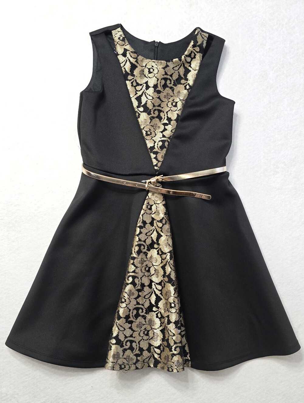 marmellata Black Dress with Gold Floral Lace and Metallic Belt